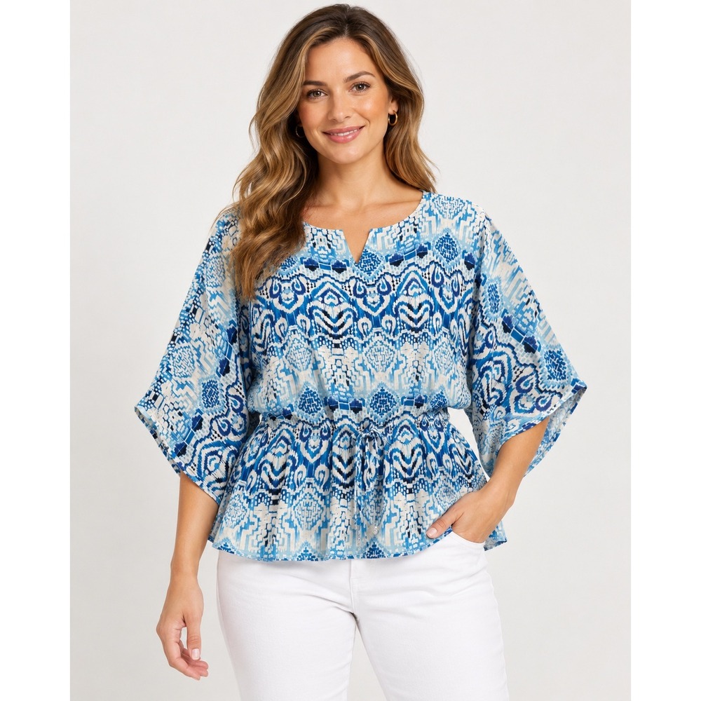 Chaps Blue White Ikat Print Drawstring Peplum Top Dolman Sleeve Large